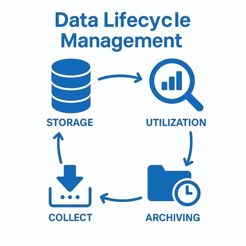 Infographic showing the six stages of Data Lifecycle Management: collection, storage, processing, usage, archiving, and secure deletion.