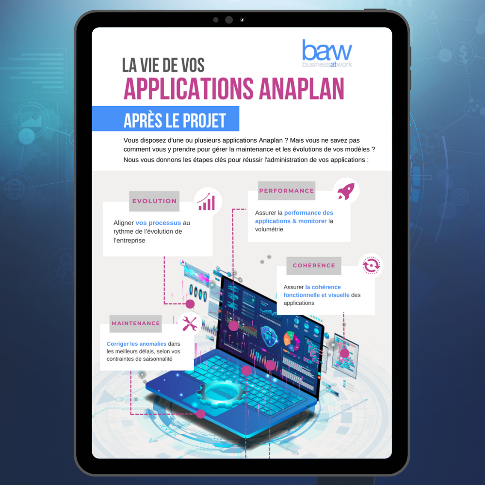 Nos experts Business At Work du Centre d'Expertise Anaplan ont créé pour vous une infographie regroupant les différentes étapes-clés d'administration de vos applications et modèles Anaplan. Le CoE BAW peut intervenir et vous accompagner à toutes les étapes-clés après l'étape projet.